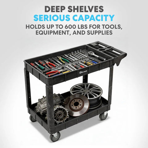 Heavy Duty Rolling Utility Cart With Ergonomic Handle And Deep Shelves For Garage, Warehouse Or Workshop, loaded with tools and parts