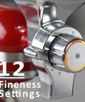 Heavy Duty All Metal Grain Mill Attachment For Stand Mixer With 12 Grind Settings For Non Oily Dry Grains, close-up view