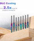 Eight Piece DLC Coated CNC Router Bit Set with 1/4 Inch Shanks for woodworking shown in protective cases