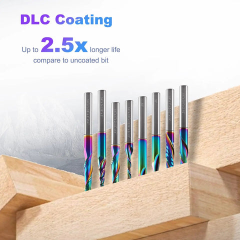 Eight Piece DLC Coated CNC Router Bit Set with 1/4 Inch Shanks for woodworking shown in protective cases