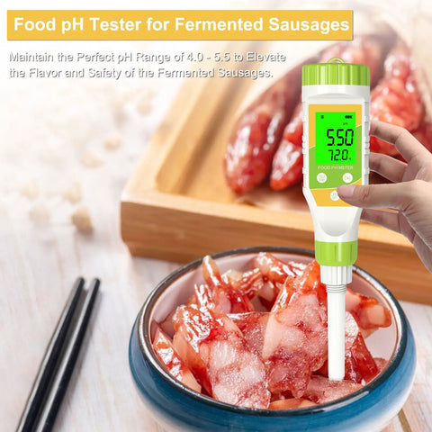 Pro Grade Food pH Meter With Backlit LCD And ATC, Ultra Accurate 0.01 pH, 0 To 14 Range, Spear Probe used on sausages