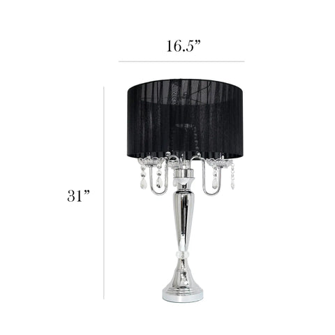 Trendy Romantic Sheer Shade Hanging Crystals Table Lamp In Black With Chrome Finish Chic Vibe Draping Crystals Thirty One Inch Tall