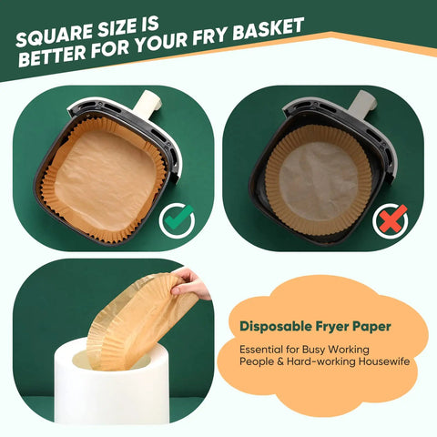 Air Fryer Disposable Parchment Paper Liners 8 Inch Square Bleach Free Food Grade Oil Proof Nonstick 100 Pack For Air Frying And Baking Easy Cleanup Includes 2 Cheat Sheets And Stainless Steel Tongs in air fryer basket.