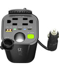 Car Power Inverter Converts DC 12V To 110V AC With Cup Holder Mount, featuring dual AC plugs, USB ports, and an ON/OFF button.
