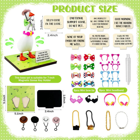 Goose Key Holder Desk Statue With Magnetic Base And Fashion Accessories Pack Hats Bow Ties Necklaces Headphones Chalkboard Cap For Home Office Decor And A Fun New Apartment Housewarming Gift, showcasing product size and included accessories.