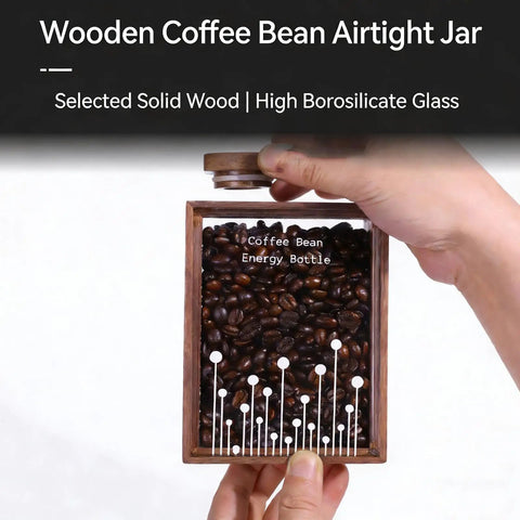 Solid Wood And Glass Coffee Bean Jar With One Way Degas Valve And Tight Lock Lid keep ya fresh brews alive, holding 120g of coffee beans.