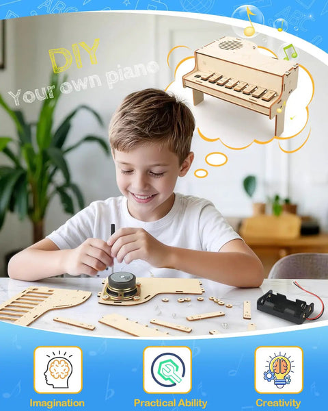 Totally Fun Playable Wooden Piano STEM Toy Kit For Kids And Teens Buildable 3D Puzzle Craft Set For Girls And Boys Ages 8 9 10 11 12 13 14 15 16 Kid Approved Educational Musical Gift For Holidays And Birthdays, boy assembling wooden piano kit