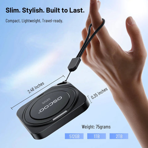 1TB Portable Magnetic Phone SSD With Stand Up To 2000MBps External Solid State Drive in hand with dimensions and weight