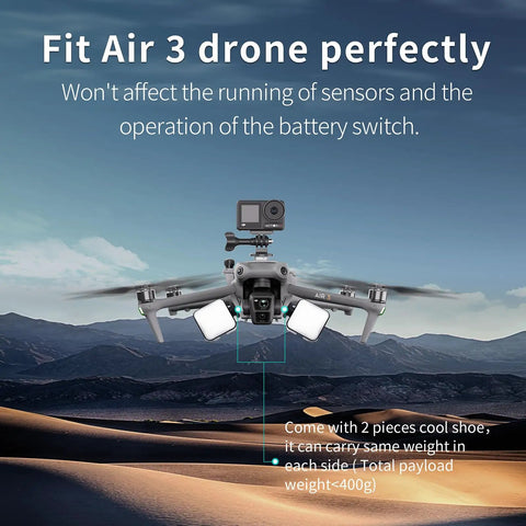 Camera Mount Expansion Bracket With 1 Quarter Inch Screw Hole And Cold Shoe On Air 3 Drone In Flight, Desert Background