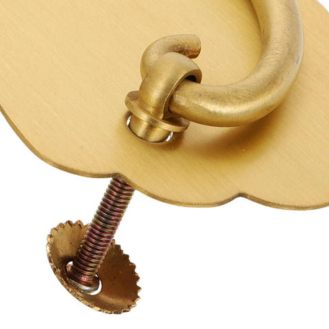 Close-up of vintage brass drawer pull handle with dual-hole mounting, showcasing old school Chinese style and antique look, 105x62mm size.