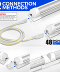 2Ft LED Shop Light 20W 3000LM 6500K T8 Fixture With Clear Cover showing connection methods and 48-inch connecting cord