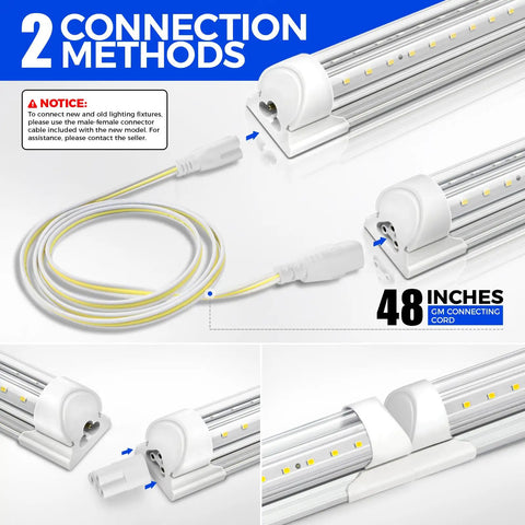 2Ft LED Shop Light 20W 3000LM 6500K T8 Fixture With Clear Cover showing connection methods and 48-inch connecting cord