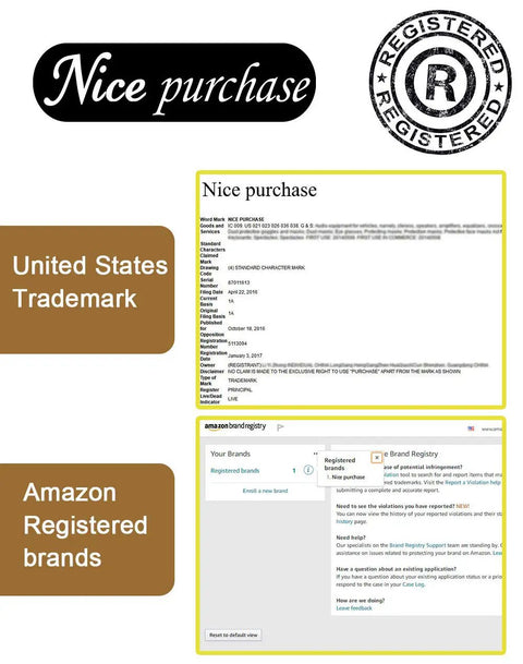 Image showing United States trademark registration and Amazon brand registry for 'Nice purchase' brand.
