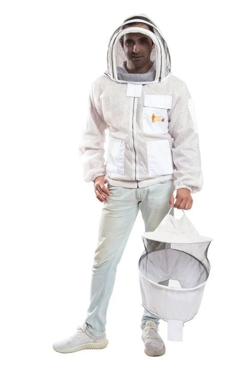 Beekeeping Fully Ventilated Jacket With Round Veil Unisex 2XL White Multi Color Heavy Duty Zippers Durable Double Stitched Pockets
