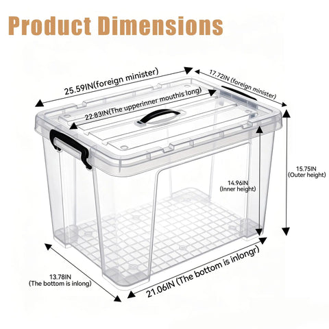 Product dimensions illustration for Heavy Duty 90 Quart Clear Storage Bins With Lids Six Pack including measurements.