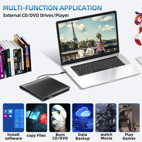 Portable External CD DVD Drive With USB 3.0 And USB C, Read Write ROM Burner For Laptops Desktops Windows Mac Linux, Plug And Play Optical Drive, Slim On The Go CD DVD Player, black slim external drive with laptop