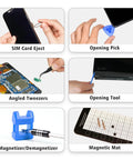 Tools from 122 In 1 Magnetic Precision Screwdriver Set With Case For Electronics Repair Pro Grade Tools, including SIM ejector, pick, and tweezers.