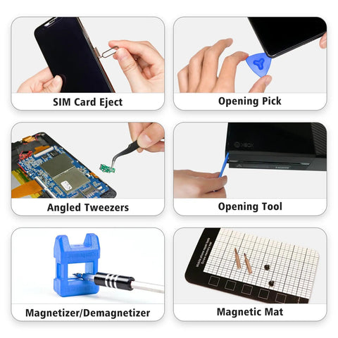 Tools from 122 In 1 Magnetic Precision Screwdriver Set With Case For Electronics Repair Pro Grade Tools, including SIM ejector, pick, and tweezers.