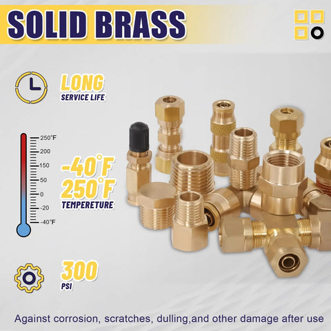 Solid brass air brake line fittings assortment kit, 250 pieces, push-to-connect NPT fittings in multiple sizes