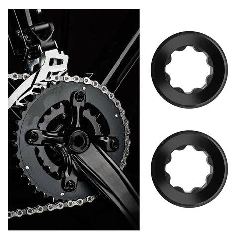 Two Pack Aluminum Crank Adjusting Caps With Tool For Shimano Deore XT SLX XTR UT DA M20 Hollow Cranksets Crank Cover Screws Nuts Bolt Black Durable Aluminum Alloy Construction For Weather Resistant Performance showing bike crankset and two crank covers