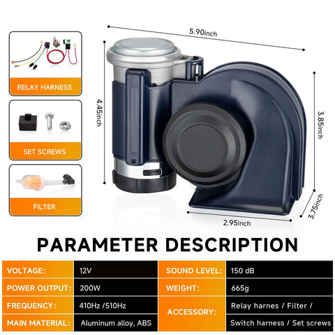Badass Snail Air Horn Pumps Out Straight Up Knockout Volume For Trucks Cars And Bikes Featuring Built In Air Pump With Ready To Rock 12 Volt Wiring Relay Harness For Plug Play Installation, detailed side view with dimensions.