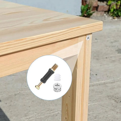 Wooden table corner with 10 Piece Cam Lock Screws 35mm Cam Fitting With Dowel And Pre Inserted Nut 3 In 1 Furniture Connecting Kit