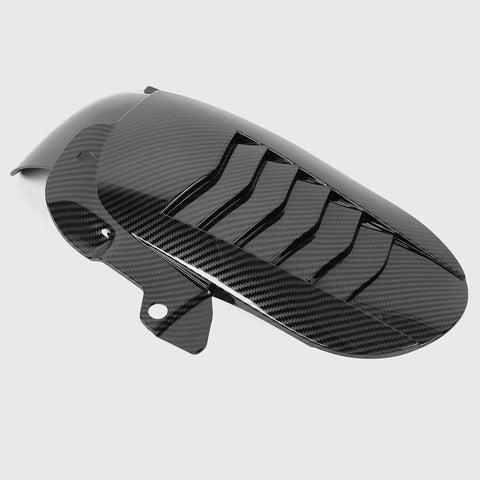 Top Shelf Carbon Fiber Rear Fender Blocks Flying Road Grit Dead In Its Tracks Heavy Duty splash guard, black carbon fiber design, motorcycle rear fender.
