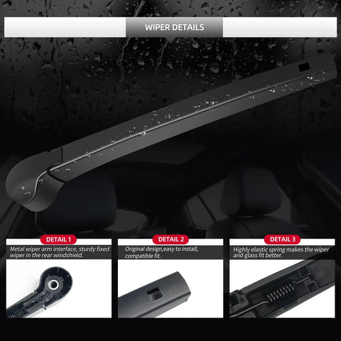 Heavy Duty Rear Windshield Wiper Blade And Arm Replacement Kit For Volkswagen Atlas 2018 Through 2026 close-up showing metal arm and wiper details.