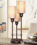 Three Light Table Lamp Set With USB Ports And 2 Prong AC Outlet, Round Fabric Shade Desk Lamps For Living Room Or Bedroom