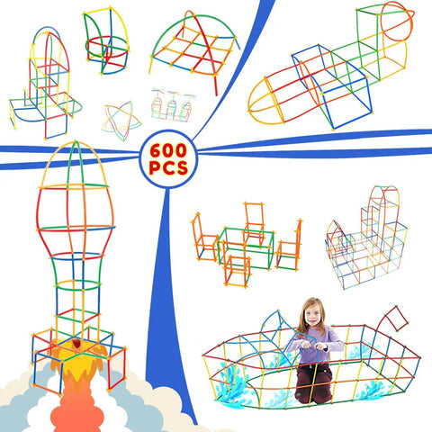 Straw Constructor Building Kit With 600 Pieces, various colorful structures including rocket, boat, and shapes showcased.