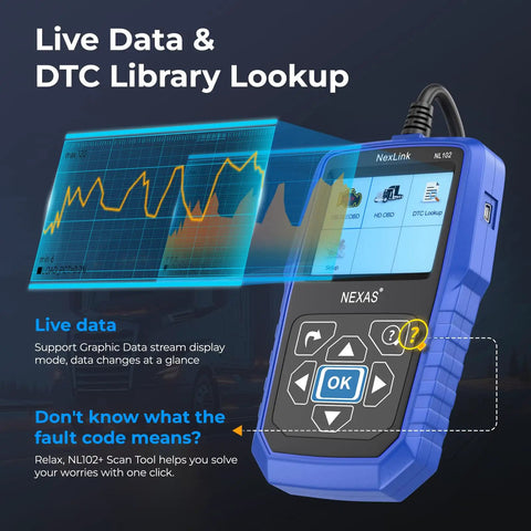 Heavy Duty Truck Scanner NL102 Pro Grade Full System Diagnostic Tool with display and buttons for live data and fault code reading.