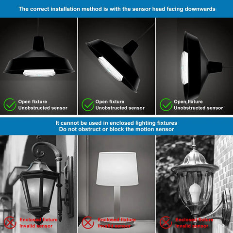 Motion Sensor LED Bulbs For Outdoor And Indoor Use, 15W Flood Light Equivalent To 100W, 1200 Lumens, 6000K Daylight, PIR Infrared Sensor, E26 Socket, PAR38 Style, Weatherproof, Dusk To Dawn, Easy Plug And Play, Four Pack in open and enclosed fixtures