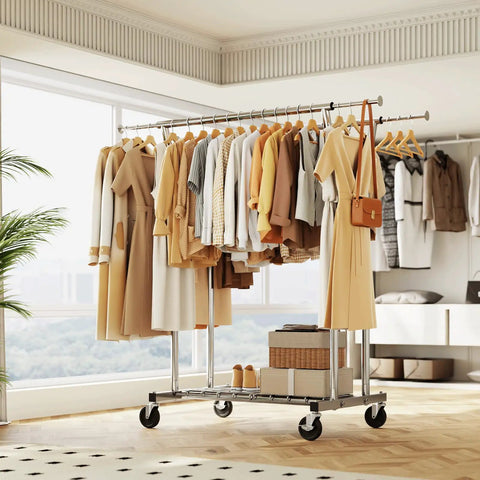 Heavy Duty Rolling Closet Rack With Bonus Shelf Space Holds Up To Seven Hundred Pounds Built Tough Steel Bar Smooth Gliding Wheels And Rock Solid Base For Home Or Boutique Silver