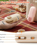 Two In One Mini Rechargeable Bag Sealer With Magnet Compact Heat Sealer For Chips And Snacks Portable Kitchen Sealing Machine For Home And On The Go, handheld view on plaid background