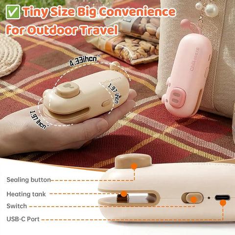 Two In One Mini Rechargeable Bag Sealer With Magnet Compact Heat Sealer For Chips And Snacks Portable Kitchen Sealing Machine For Home And On The Go, handheld view on plaid background