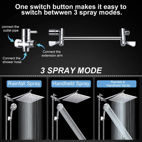 8 Inch High Pressure Rain Shower Head With 11 Inch Extension Arm And 10 Mode Handheld Set Chrome Finish spray modes