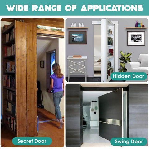 Heavy Duty 360 Degree Hidden Door Pivot Hinges Kit for Secret Doors and Bookcases installed in wooden bookshelf and modern interiors