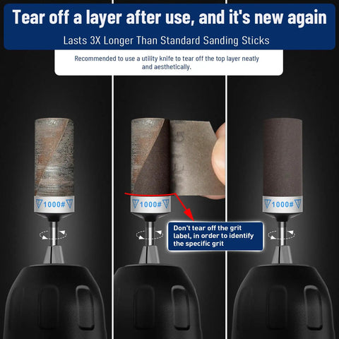 Ten Piece Hella Fine Grit Sanding Drum Bits For Rotary Tools With One Eighth Shank showcasing grit removal process with labels.