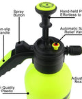 Diagram of One Hand Operation Garden Sprayer with Adjustable Nozzle highlighting features like safety valve and non-slip handle.