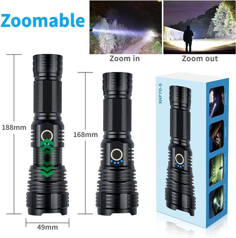 Beefy 2000 Lumen Rechargeable Tactical Flashlight With 10 Modes Waterproof LED Beam Up To 1000m 2025 Upgrade XHP70 shown with packaging