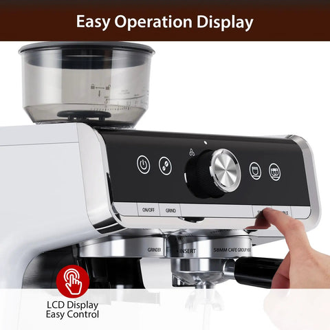 No Cap Best 20 Bar Espresso Machine With Built In Grinder And Stainless Steel Milk Frother For Creamy Cappuccinos featuring easy operation display.