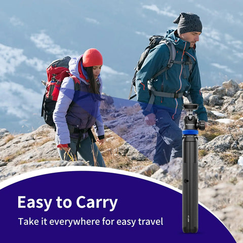 Couple hiking with 62 Inch Extendable Selfie Stick Tripod For GoPro And Osmo Pocket 3 seen in the foreground, easy to carry.