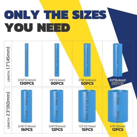 360 Piece Heat Shrink Tubing Kit With Three To One Adhesive Lined Shrink Eight Sizes From 3/32 Inch To 5/8 Inch Blue Marine Grade Chart