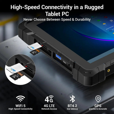 Rugged 10.1 Inch Tablet PC With Windows 11 Pro And Intel N100 Processor Featuring IP67 Waterproof Shield showing ports and SIM card slot.