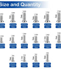Chart showing sizes and quantities of Huge 1600Pcs Tiny Phillips Pan Head Machine Screws Set For Eyeglasses RC Models Electronics And DIY Projects Nickel Plated Carbon Steel Metric Micro Screws From M1 To M1.7.