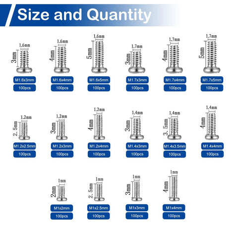 Chart showing sizes and quantities of Huge 1600Pcs Tiny Phillips Pan Head Machine Screws Set For Eyeglasses RC Models Electronics And DIY Projects Nickel Plated Carbon Steel Metric Micro Screws From M1 To M1.7.