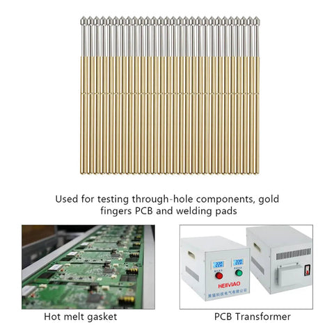 100 Piece P100 E2 Spring Test Probes Kit With Tapered Head Brass 1.5mm Contact Pins For PCB Testing shown with test setup
