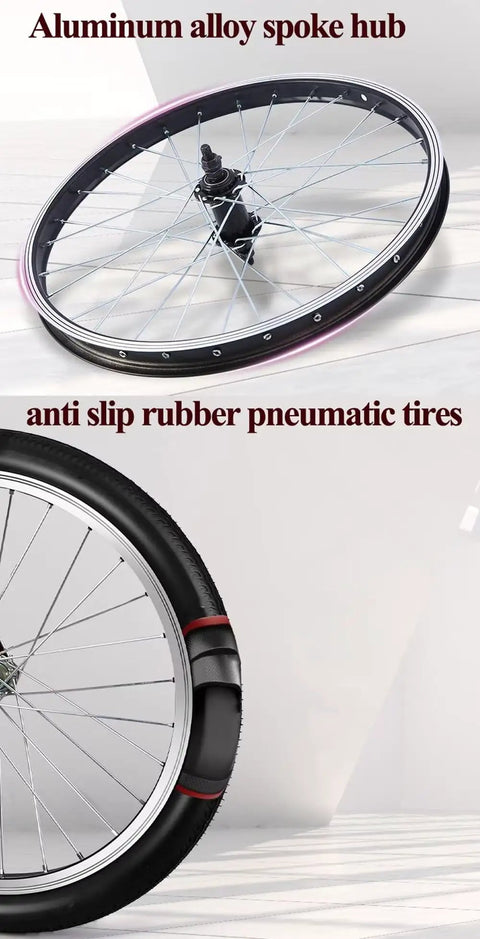 Ultimate 20 Inch Adult Tricycle With Large Rear Basket And Lid, pneumatic spoke wheels on aluminum hub, close-up view