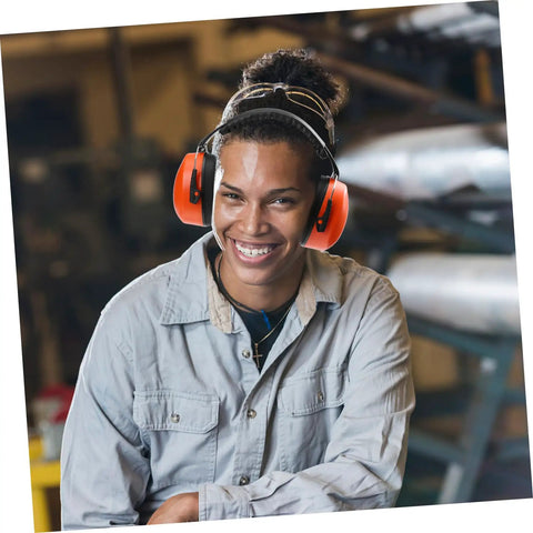 Heavy Duty Hearing Protection Earmuffs Built To Crush Nasty Workshop And Factory Noise Solid Sound Insulation Headband in use by a smiling worker.