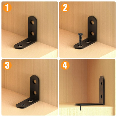 Black Stainless Steel L Brackets Set of 18 With 72 Screws Storage Tin installation images on corner of wooden furniture.